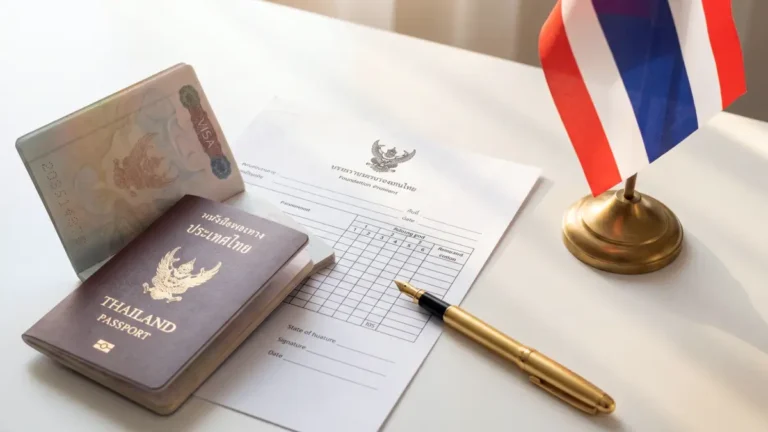 Passeport thaïlandais, formulaire de notation pour la naturalisation et drapeau de la Thaïlande sur un bureau