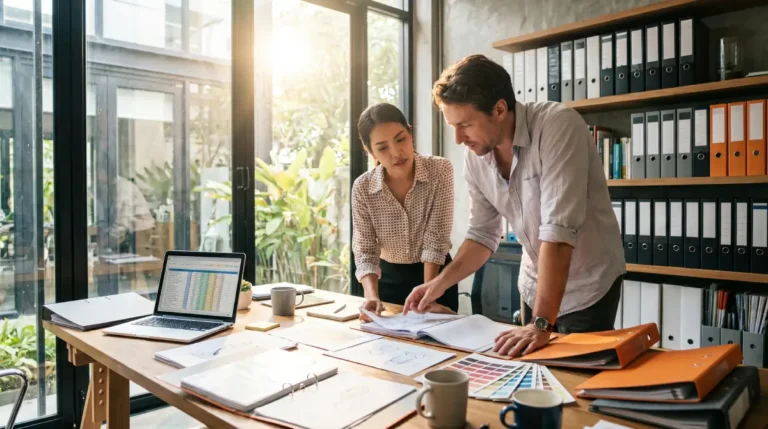 Visa non immigrant b thailande : entrepreneur europeen et collaboratrice thailandaise travaillant au bureau