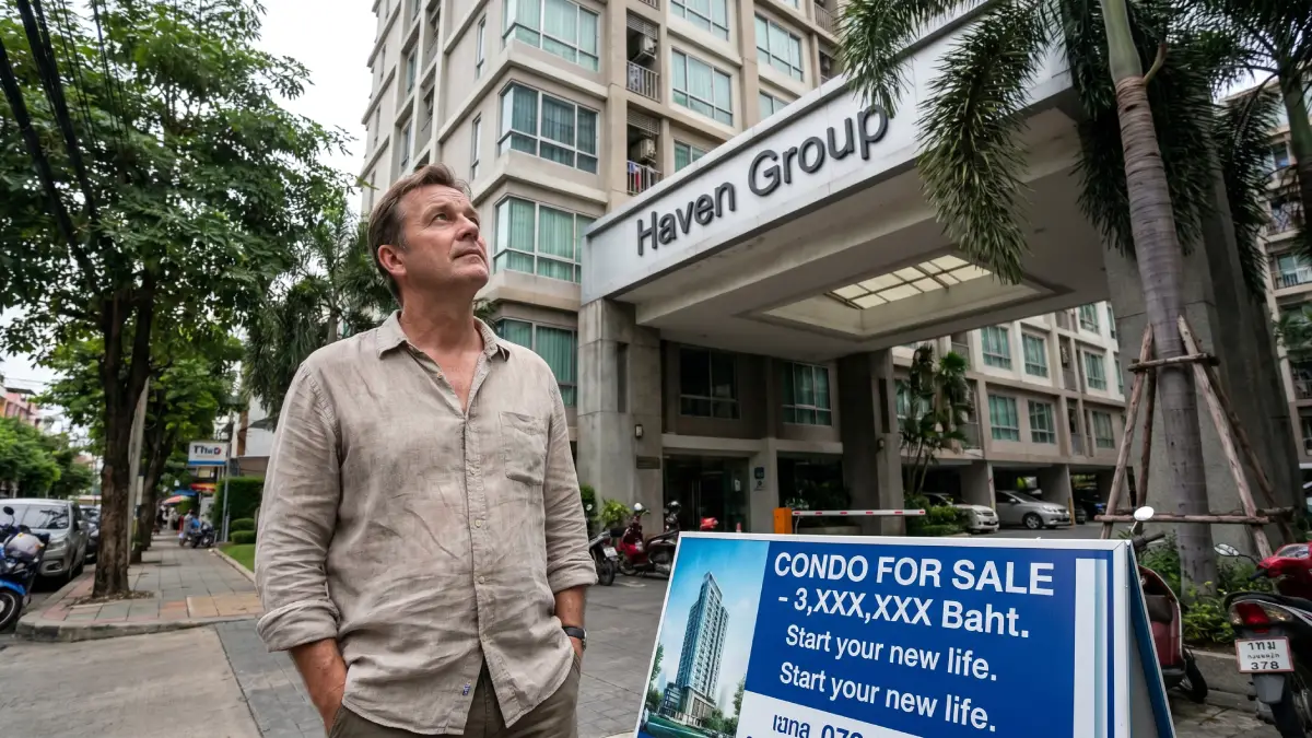 Expatrié européen examinant un immeuble de condominiums en vente en Thaïlande — achat d'un condo à partir de 3 millions de baht pour obtenir un visa longue durée
