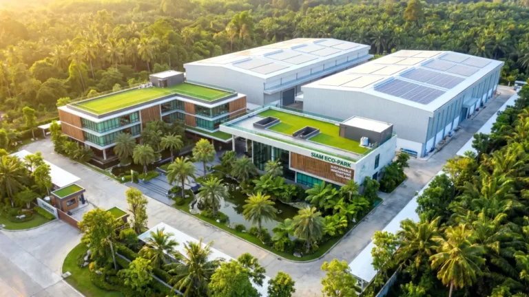 Vue aérienne d'un complexe industriel moderne en Thaïlande avec toits végétalisés et panneaux solaires, entouré de palmiers — exemple de site détenu par une société promue BOI