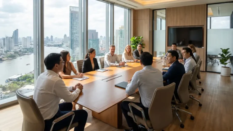 Réunion d'équipe mixte dans une salle de conférence en hauteur à Bangkok — cadres thaïlandais et expatriés étrangers dans une société BOI en Thaïlande