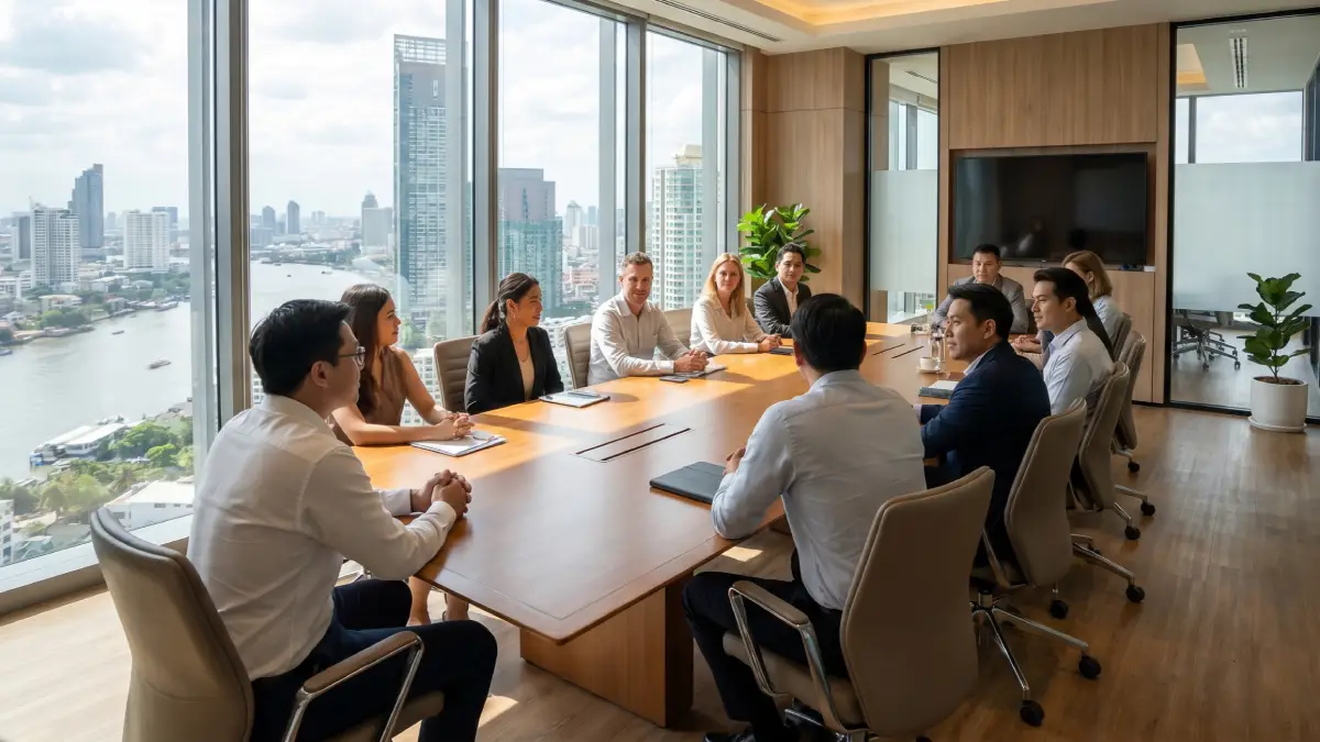 Réunion d'équipe mixte dans une salle de conférence en hauteur à Bangkok — cadres thaïlandais et expatriés étrangers dans une société BOI en Thaïlande