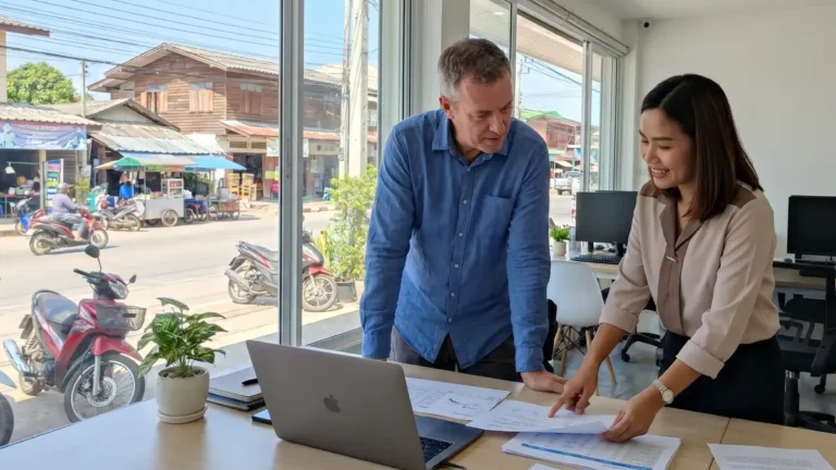 Expatrié européen et conseillère thaïlandaise examinant des documents fiscaux dans un bureau en province thaïlandaise — fiscalité et déclaration de revenus en Thaïlande