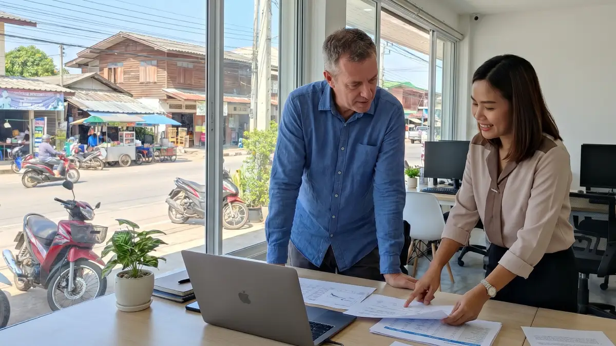 Expatrié européen et conseillère thaïlandaise examinant des documents fiscaux dans un bureau en province thaïlandaise — fiscalité et déclaration de revenus en Thaïlande