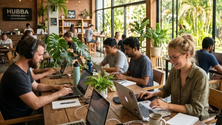 Freelance étranger travaillant sur son ordinateur dans un espace de coworking à Chiang Mai, Thaïlande, entouré d'autres professionnels internationaux