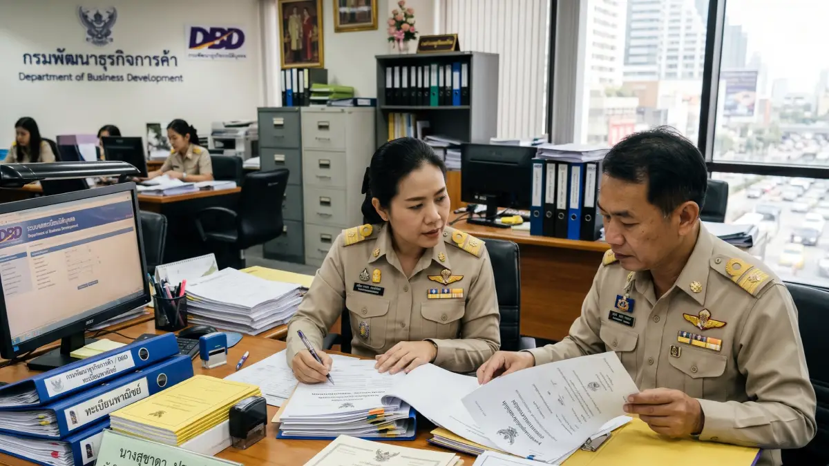 Enquêteurs thaïlandais du DBD examinant des documents de registre commercial lors d'une inspection de société suspecte à Bangkok
