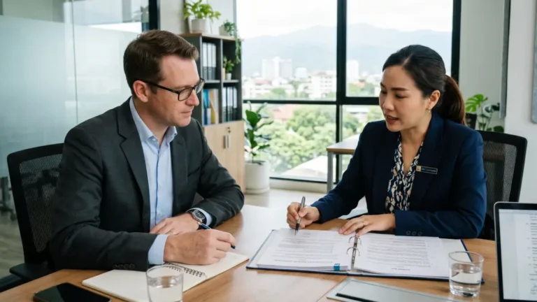 Professionnel étranger en réunion avec un conseiller juridique thaïlandais pour examiner un contrat de portage salarial en Thaïlande