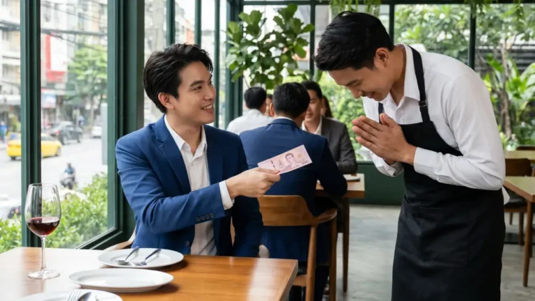 Homme d'affaires remettant des bahts thaïlandais à un serveur qui fait le waï dans un restaurant — illustration des usages professionnels en Thaïlande
