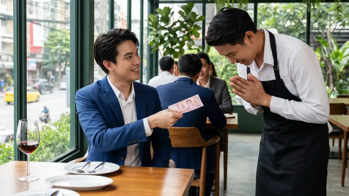 Homme d'affaires remettant des bahts thaïlandais à un serveur qui fait le waï dans un restaurant — illustration des usages professionnels en Thaïlande