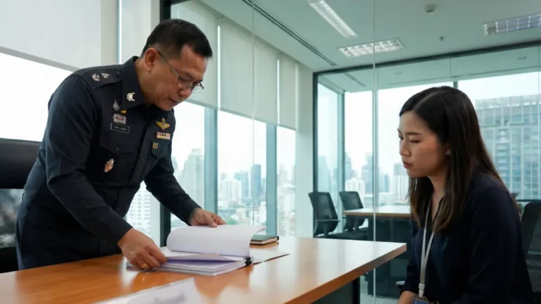 Policier thaïlandais vérifiant les documents d'un travailleur étranger lors d'un contrôle — travail illégal en Thaïlande