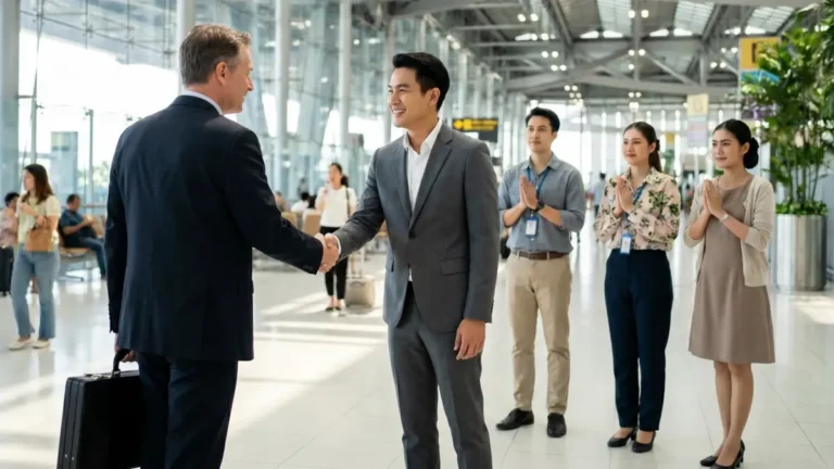 Investisseur étranger accueilli à l'aéroport en Thaïlande par un partenaire local et son équipe — accompagnement BOI pour projets industriels