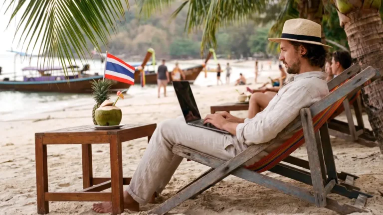 Un digital nomade assis dans un transat en bois sur une plage en Thaïlande, travaillant sur son ordinateur portable à l'ombre des palmiers. À côté de lui, une table basse avec une noix de coco à boire surmontée d'un petit drapeau thaïlandais, avec des bateaux traditionnels long-tail en arrière-plan.