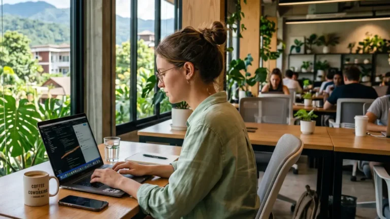 Télétravailleur étranger travaillant sur son ordinateur depuis un espace de coworking à Chiang Mai en Thaïlande — visa DTV nomade numérique