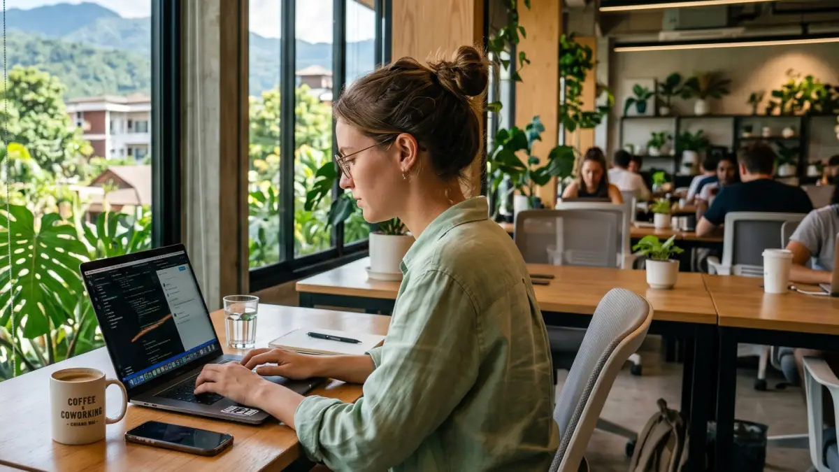 Télétravailleur étranger travaillant sur son ordinateur depuis un espace de coworking à Chiang Mai en Thaïlande — visa DTV nomade numérique