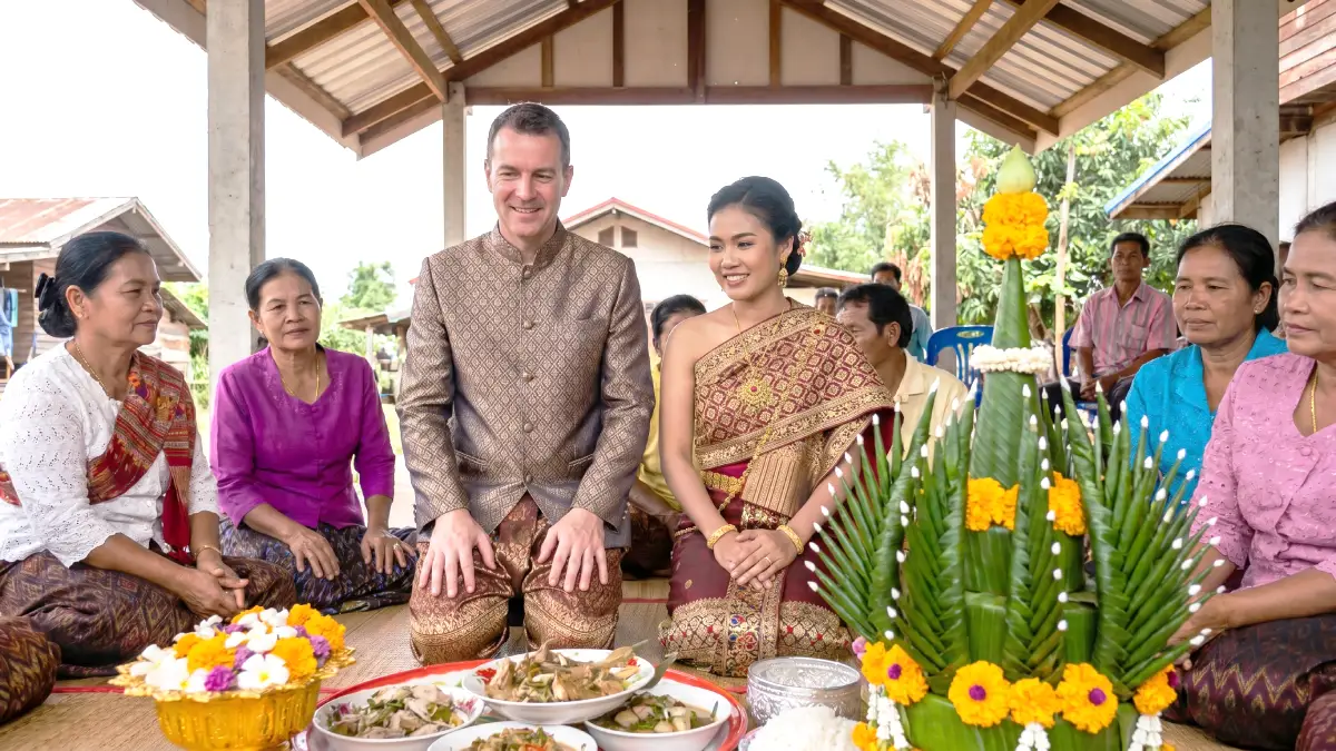 Mariage traditionnel thaïlandais entre un expatrié européen et une femme thaïlandaise en tenue traditionnelle, cérémonie en famille en Thaïlande