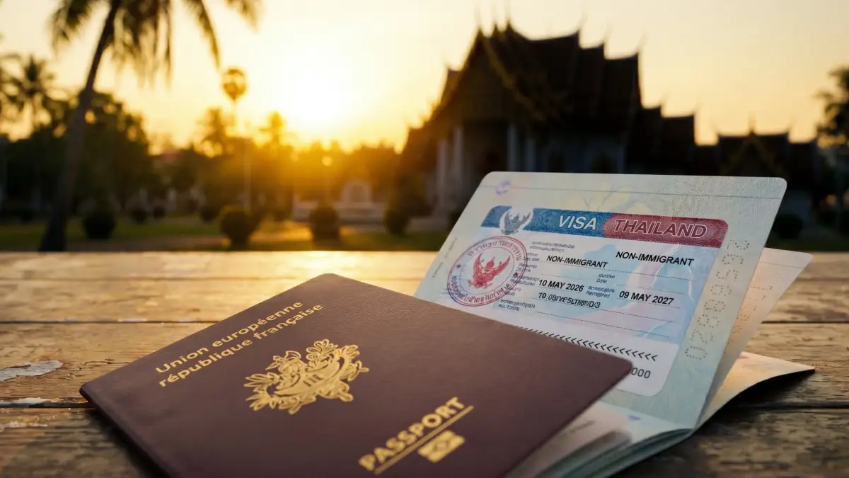 Passeport français ouvert avec visa Non-Immigrant Thaïlande, temple thaïlandais au coucher de soleil en arrière-plan