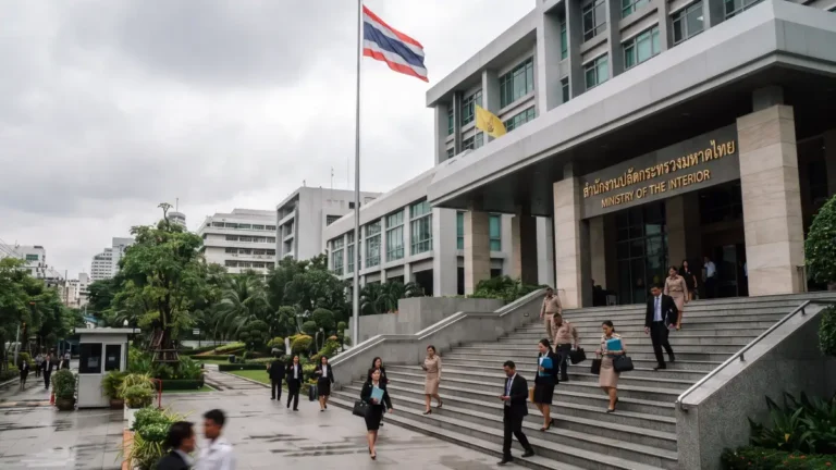 Drapeau thaïlandais devant un bâtiment gouvernemental, symbolisant les réformes économiques en cours