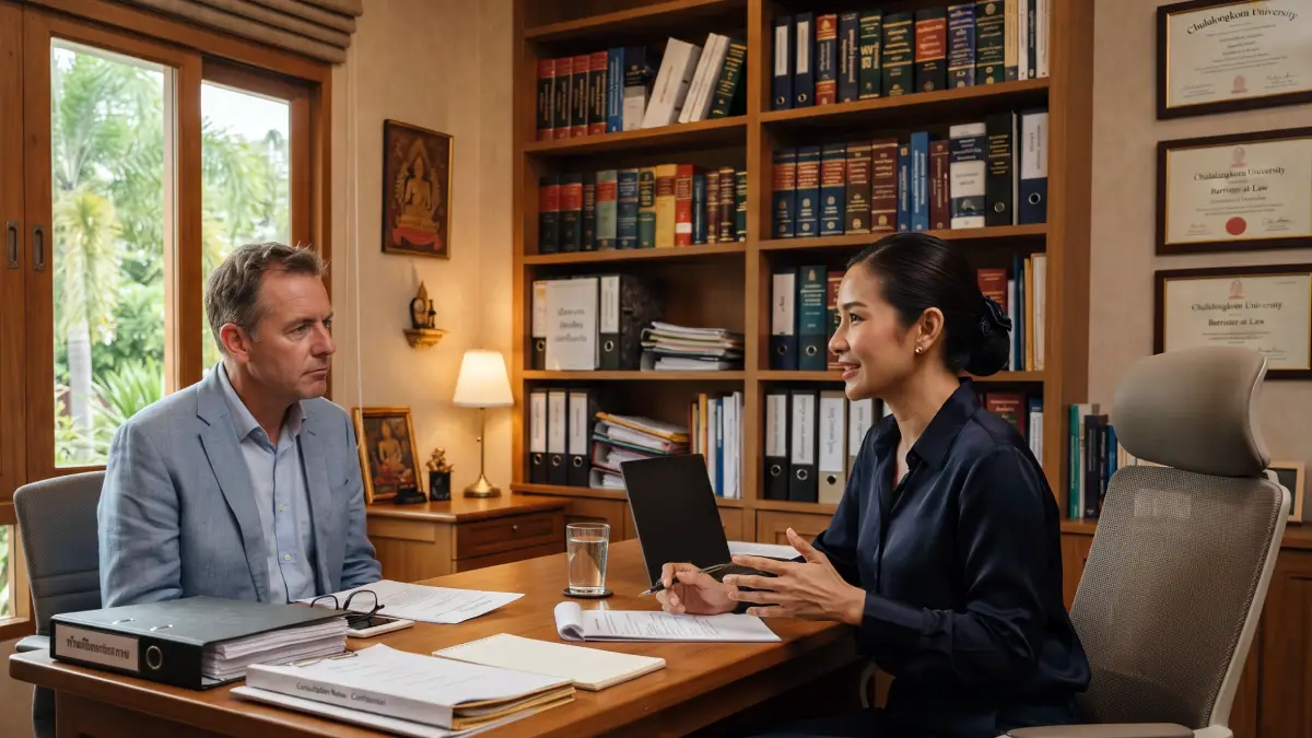 Consultation juridique discrète entre un avocat et un client dans un cabinet en Thaïlande