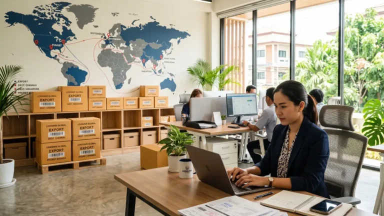 Responsable logistique préparant des documents d'exportation dans un bureau à Phuket