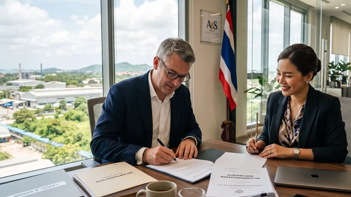 Entrepreneurs signant les statuts de constitution d'une société dans un bureau en Thaïlande