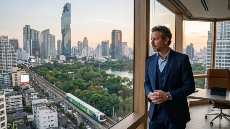 un homme regardant une vue de Bangkok depuis la fenêtre de son bureau