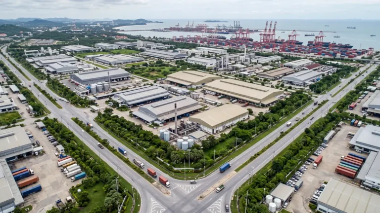 Zone industrielle moderne en Thaïlande avec entrepôts et espaces logistiques